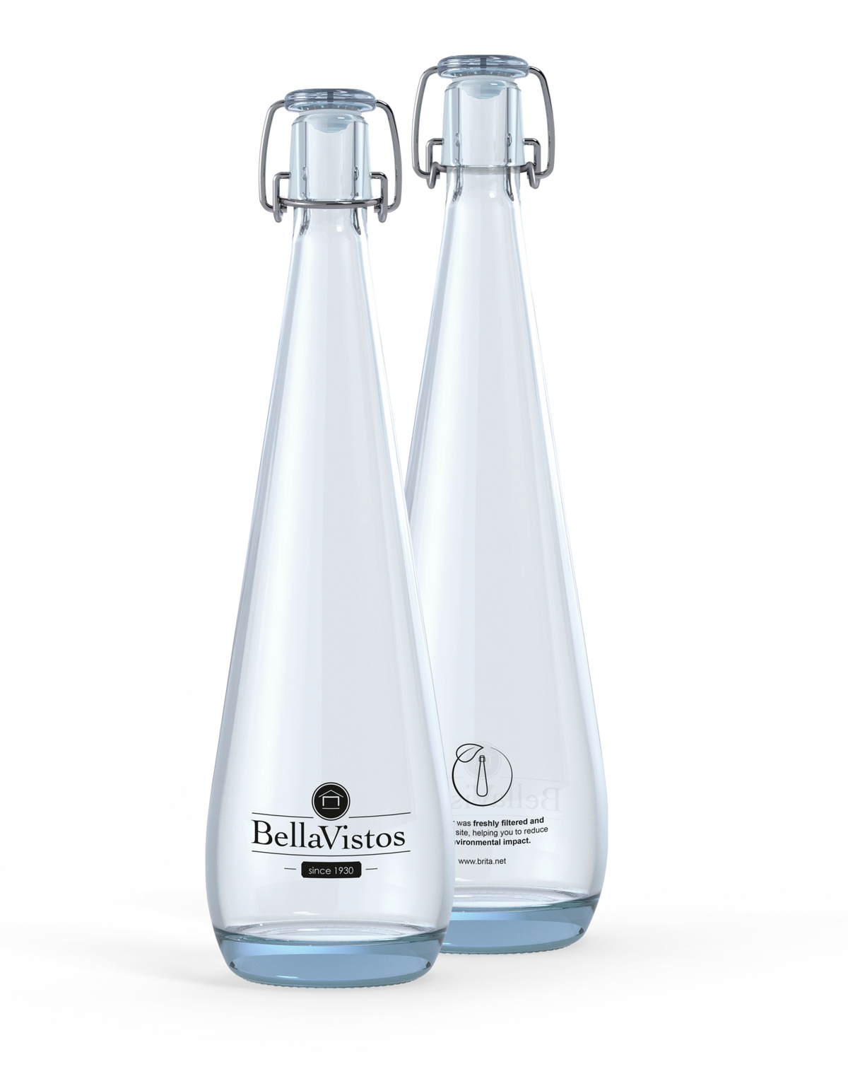 Two clear BRITA Swing bottles with customer logo.
