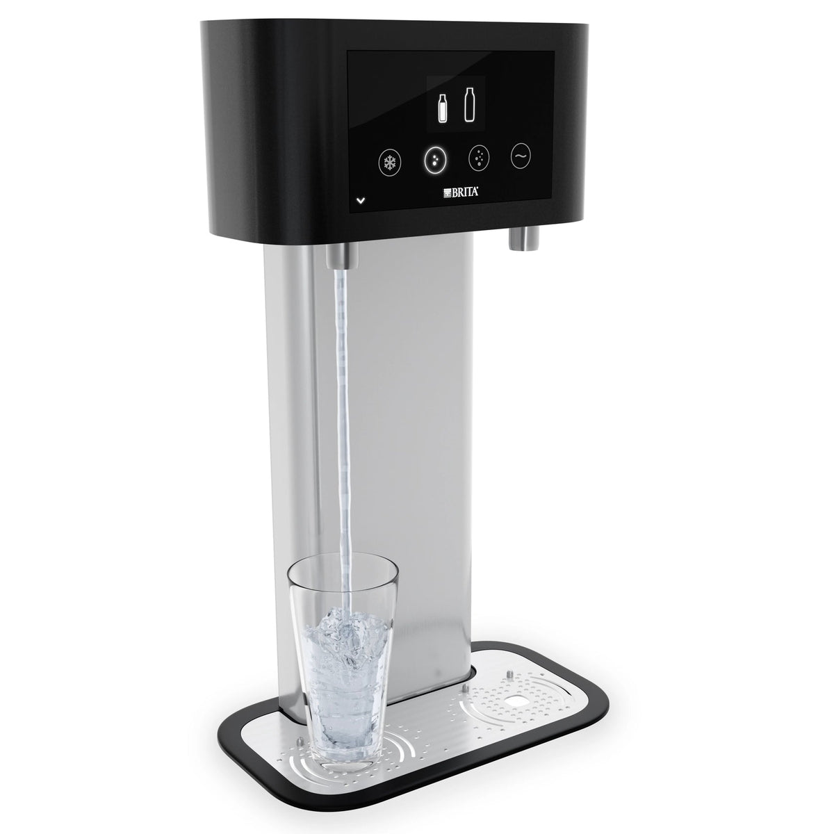 BRITA Fill T-Tap water dispenser with a glass on a white background